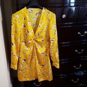 Zara Yellow Color Floral Printed Long Sleeve Short
